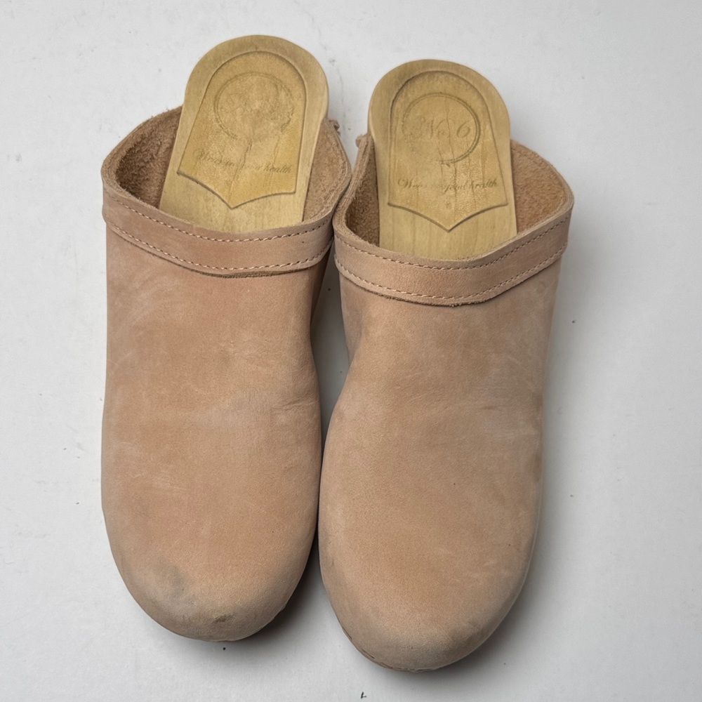 No. 6 Old School Clogs Neutral Tan Suede Mid Heel Wooden Minimal NYC Designer 41 - Picture 2 of 14